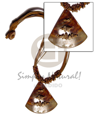 pie cut brown lip 45mm pendant  buri seed accent 4 layer wax & leather thong, glass beads combination - Shell Necklace