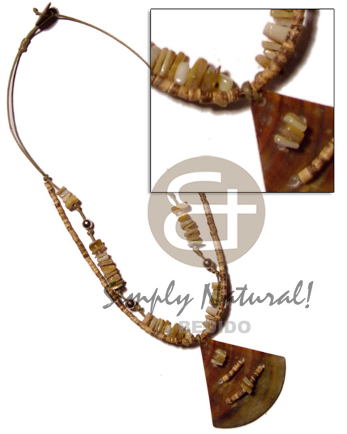 45mm brownlip pie cut  pendant  gold lip accent in 2 rows gold lip & 2-3mm coco heishe tiger in wax cord - Shell Necklace