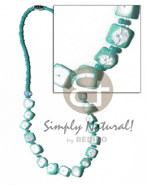 floating colored white rose in glass beads /  blue green - Shell Necklace