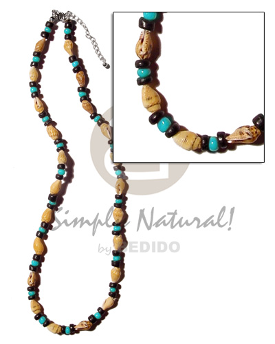 nassa tiger  4-5mm black  coco Pokalet. combination  aqua blue glass beads - Shell Necklace