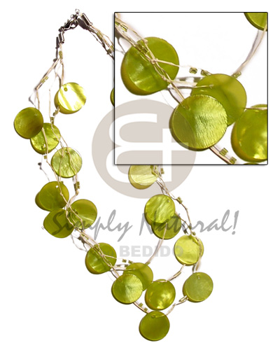 3 rows raffia in graduated length  21 pcs. round 18mm lime green hammershell  and glass beads accent - Shell Necklace