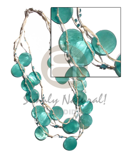 3 rows raffia in graduated length  21 pcs. round 18mm aqua blue hammershell  and glass beads accent - Shell Necklace