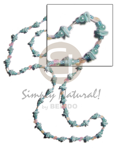 36 in. continuous powder blue white rose   pearl & glass beads combination & rainbow sequins accent - Shell Necklace