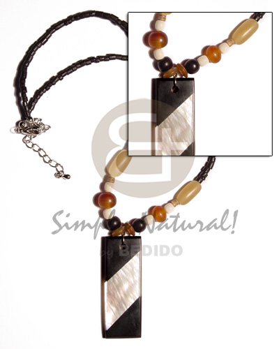 2-3mm black coco plt.  bone & horn beads and 50mmx20mm inlaid back to back MOP & black resin pendant - Shell Necklace