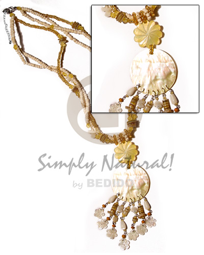 3 rows 2-3mm coco Pokalet. bleach & glass beads  dangling 25mm MOP flower, 40mm MOP round pendant  looped shell beads tassles and 10mm hammershell flower tips - Shell Necklace