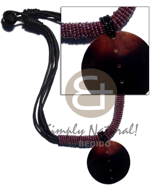 5 layers wax cord   glass beads & 40mm round blacktab shell pendant - Shell Necklace