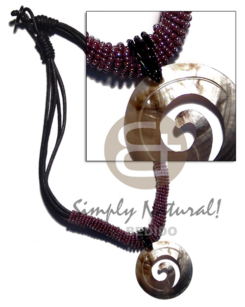 5 layers wax cord   glass beads & 40mm spiral blacklip pendant - Shell Necklace