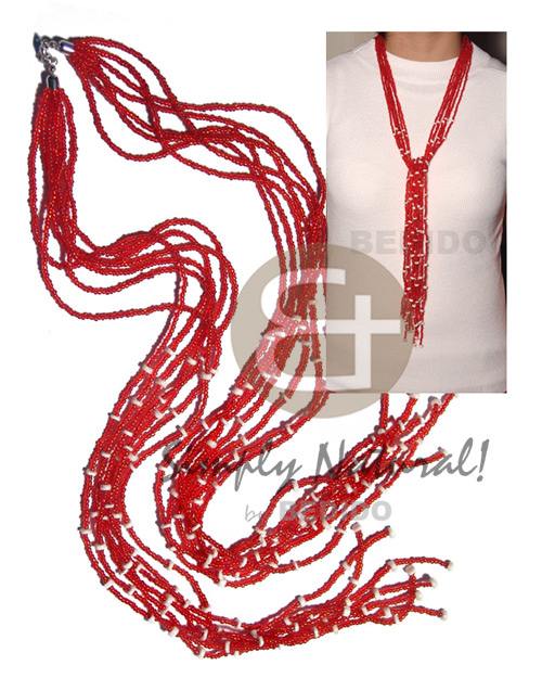 scarf necklace - 7 rows red glass beads  tassled white clam / 36 in. - Shell Necklace