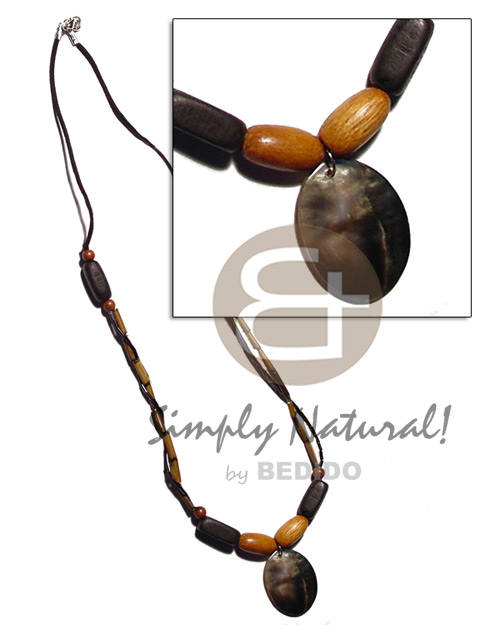 bamboo,wax cord & wood beads combination  30mmx35mm oval blacklip pendant - Shell Necklace