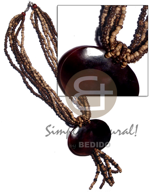 tassled 6 layers nat. brown & tiger 2-3mm coco pokalet  60mmx40mm oval black tab shell - Shell Necklace