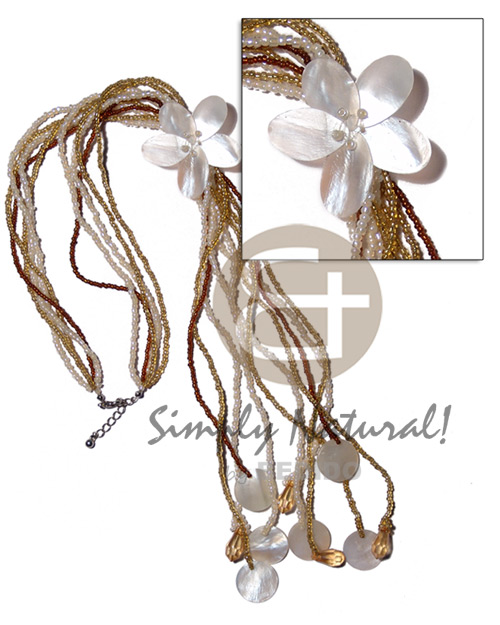 5 layers glass beads  hammershell flower & dangling round 15mm hammershells &  acrylic crystals / 34 in. - Shell Necklace