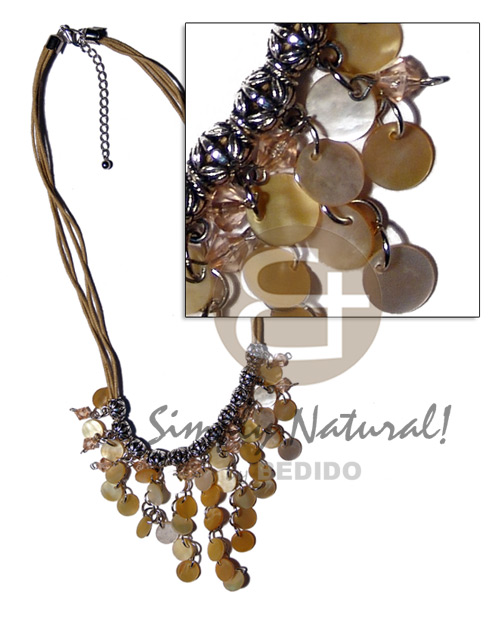 cleopatra- dangling 10mm ( 36pcs.) MOP  metal & acrylic crystals accent  in triple beige wax cord - Shell Necklace