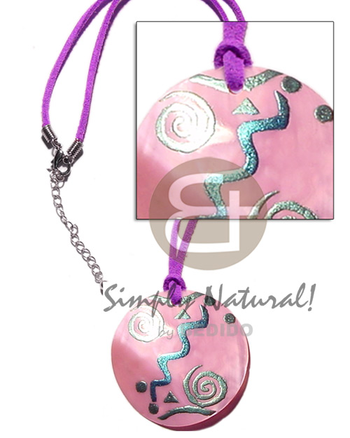 45mm round kabibe pink & painted pendant on lavender leather thong - Shell Necklace