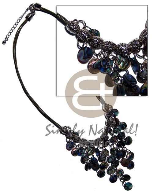 cleopatra- dangling 10mm ( 36pcs.) paua shell  metal  accent in triple black wax cord - Shell Necklace