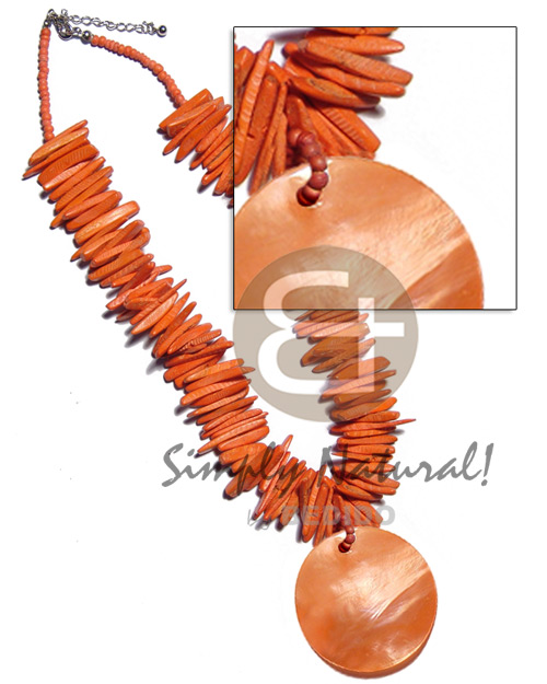 1 in. coco stick  50mm kabibe round pendant / orange tones - Shell Necklace