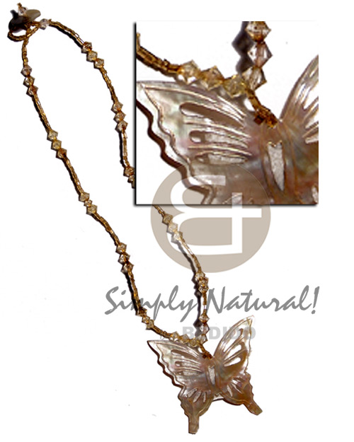 cut glass beads and acrylic crystals 55mm brownlip butterfly pendant - Shell Necklace