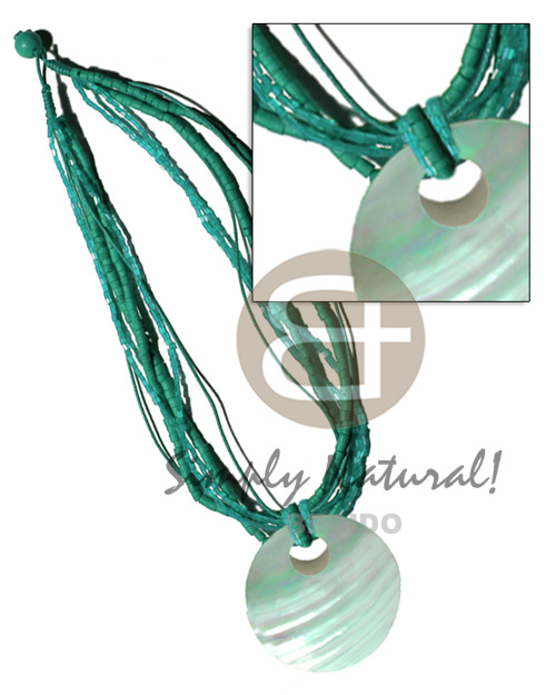6 rows-2-3mm mint green tones coco heishe, glass beads & wax cord neckline  40mm  round matching kabibe pendant - Shell Necklace