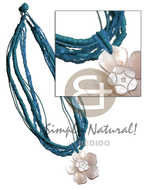 6 rows-2-3mm subdued blue tones coco heishe, glass beads & wax cord neckline  45mm  hammershell flower natural pendant - Shell Necklace