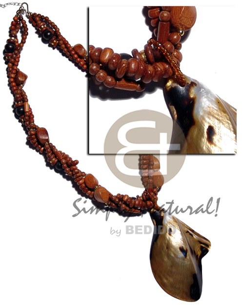 3 rows twisted bayong/ nat. wood brown asstd. wood beads  natural form brownlip tiger / 20in. - Shell Necklace