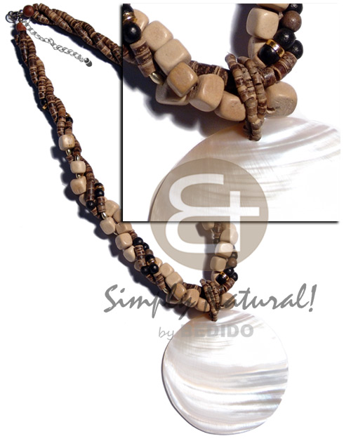 3 rows twisted 7-8mm coco heishe tiger nat. wood beads combination accent and round 80mm kabibe shell pendant / 20 in. - Shell Necklace
