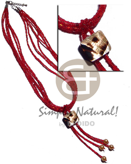 6 rows tassled red glass beads  25mmx20mm rectangular brownlip  resin backing & pearl beads - Shell Necklace