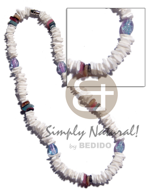 white rose  multicolored hammershell sq. cut and rainbow resin beads combination - Shell Necklace
