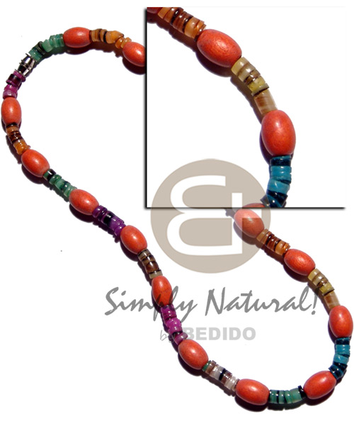 oval nat. wood in orange  multicolored hammershell heishe combination - Shell Necklace
