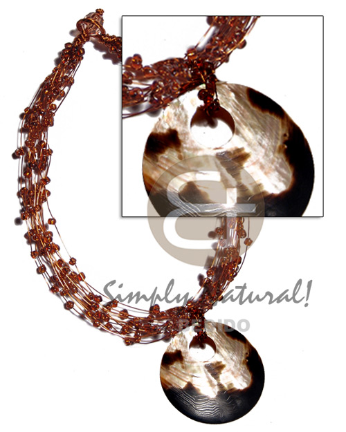 13 rows copper wire choker  brown glass beads & 60mm round brownlip shell pendant - Shell Necklace