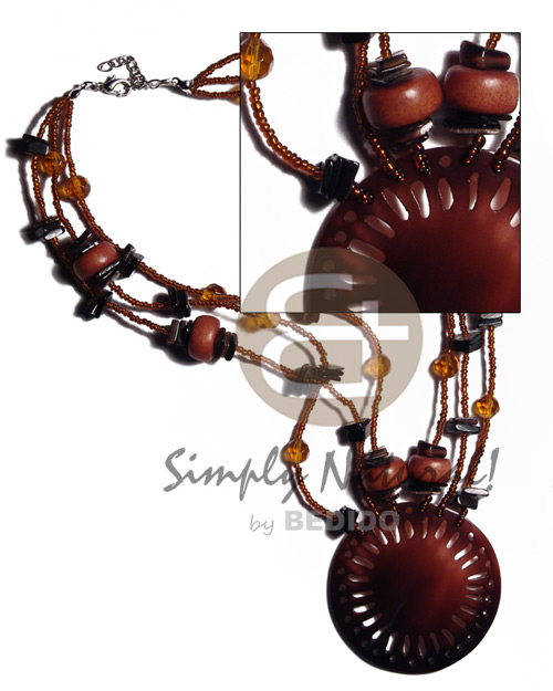 3 layers glass beads  wood beads and sq. cut 55mm blacktab shell accent and round blacktab pendant - Shell Necklace