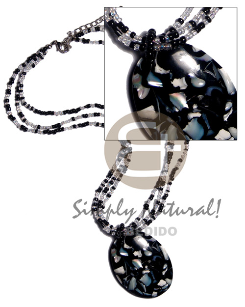 3 layers glass beads  50mmx35mm oval kabibe chips in laminated resin pendant - Shell Necklace