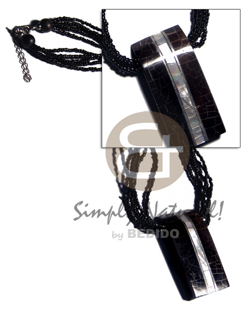 5 layers black glass beads  52mmx25mm cracking laminated blacktab/kabibe shell  inlaid metal and resin backing pendant - Shell Necklace
