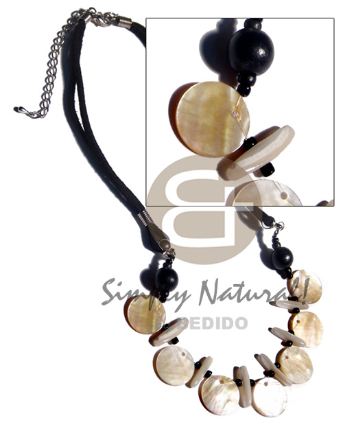 7 pcs. 20mm round MOP  shell sticks combination, glass and wood beads accent on double leather thong - Shell Necklace