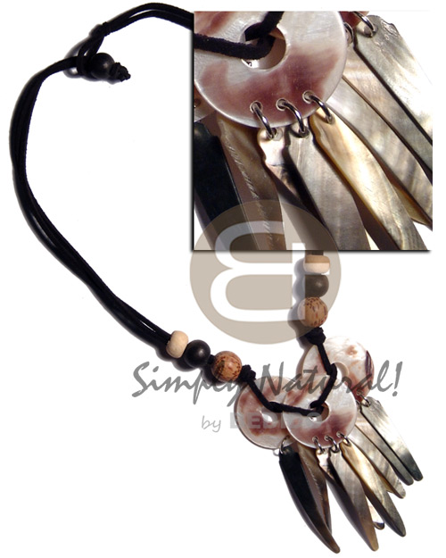 25mm ring hammershells  dangling 40mmx10mm blacklip sticks in double leather thong  wood beads accent - Shell Necklace