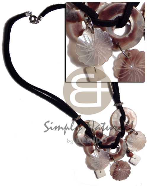 25mm ring hammershells  dangling 20mm hammershell flowers in double leather thong  wood beads accent - Shell Necklace