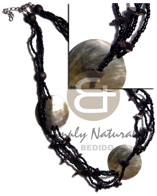 3 pcs. 30mm round blacklip shells  in 4 layers glass beads   blacktab chips accent - Shell Necklace
