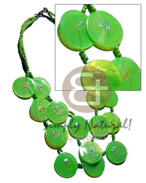 25mm neon green capiz shells in graduated layer 18"/16" ( 16 pcs.)  sequins accent and matching glass beads combination - Shell Necklace
