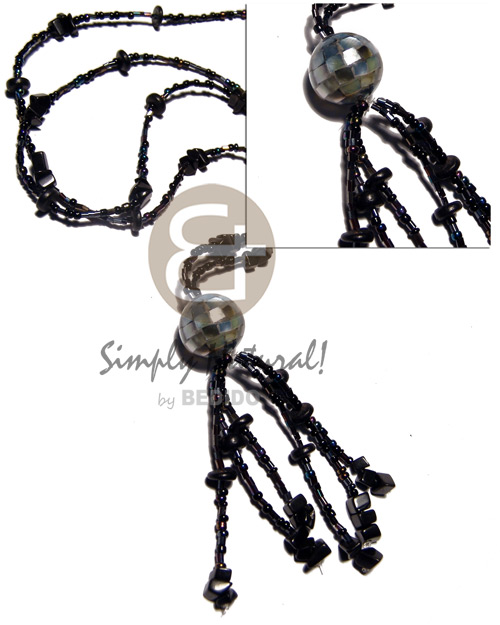 1 layers blackcut and glass beads  tassled 20m round blacklip blocking and blacktab nuggets and 4-5mm black coco Pokalet accent 31in. plus 3in. tassle - Shell Necklace