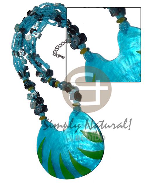 5 layers  glass beads  floating hammershell sq. cut and 75mmx65mm laminated capiz / aqua blue and lime green tones / 16 in. - Shell Necklace
