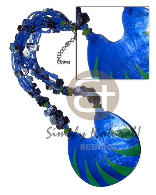5 layers  glass beads  floating hammershell sq. cut and 75mmx65mm laminated capiz / navy blue and green tones / 16 in. - Shell Necklace