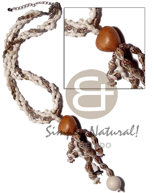 3 layers twisted and tassled  white and tiger nassa  wooden kukui accent / 18in. - Shell Necklace