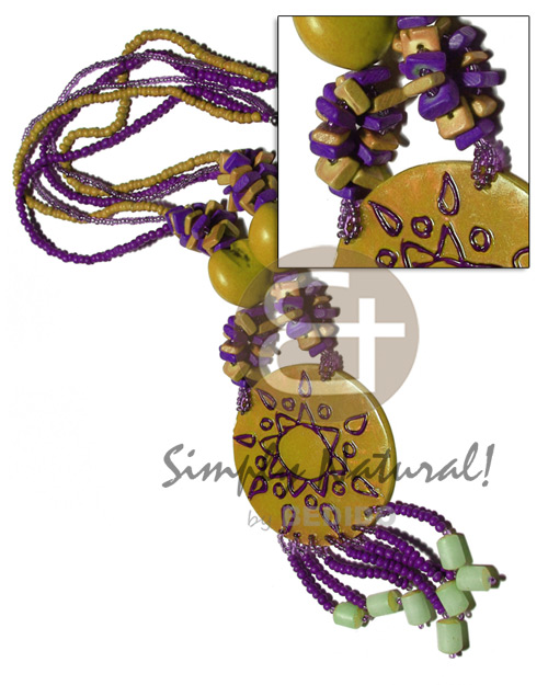 3 layers 2-3mm coco Pokalet  and glass beads  kukui nuts, coco squarecut and tassled buri seeds and 60mm hapdpainted and laminated 60mm capiz shell / mustard and violet tones  / 22in. - Shell Necklace