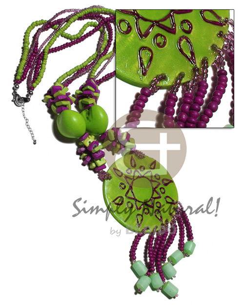 3 layers 2-3mm coco Pokalet  and glass beads  kukui nuts, coco squarecut and tassled buri seeds and 60mm hapdpainted and laminated 60mm capiz shell / lime green and violet tones  / 22in. - Shell Necklace