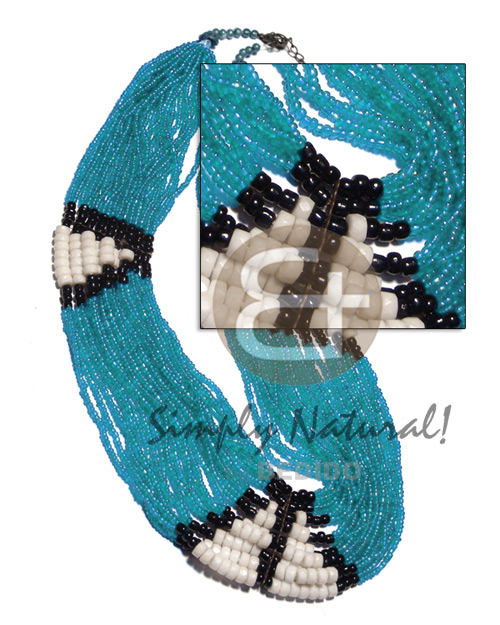 27 rows aqua blue glass beads  black 2-3mm coco Pokalet and white clam combination / 25in. - Shell Necklace