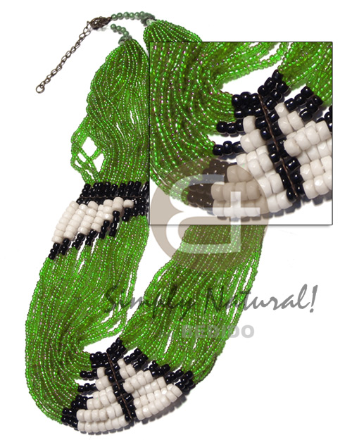27 rows lime green glass beads  black 2-3mm coco Pokalet and white clam combination / 25in. - Shell Necklace