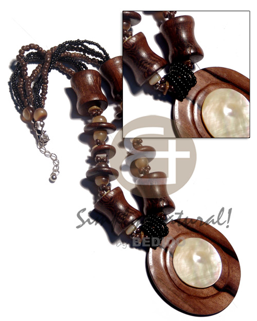 4 layers 2-3mm coco Pokalet. nat brown/black glass beads  22mmx20mm barrel robles wood beads / 20mm robles pokalet saucer and horn beads combination  embossed 60mm round camagong wood tiger   30mm MOP on top / 16in - Shell Necklace