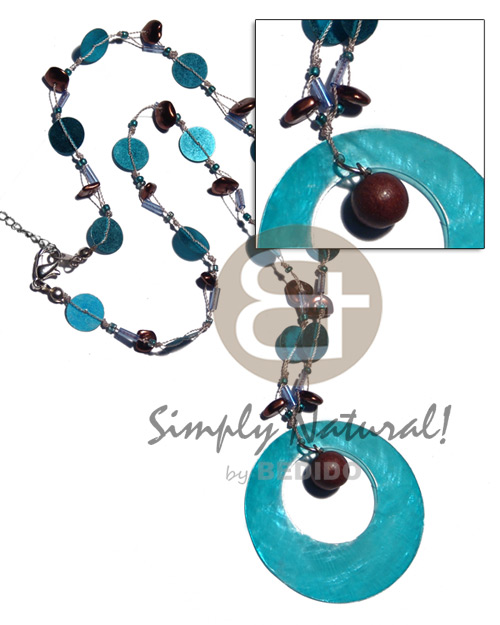 floating aqua 10mm sequins and 7-8mm nat. brown coco Pokalet.  round laminated aqua 50mm capiz / 18 in - Shell Necklace