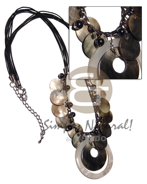 4 layers black wax cord  dangling hematite balls, 18mm round 12 pcs. blacklip and 45mm hammershell ring  round 30mm blacklip pendant combination / 20 in. - Shell Necklace