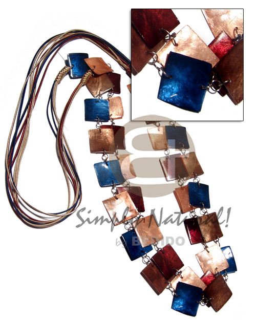 6 layers satin cord    double row 34 pcs. square 25mm laminated capiz in metal rings/  40in / in copper, dark blue and maroon tones - Shell Necklace