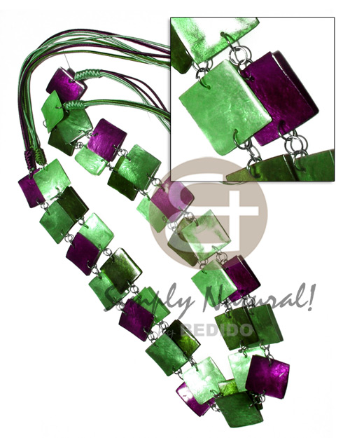6 layers satin cord    double row 34 pcs. square 25mm laminated capiz in metal rings/  40in / in green, olive green and violet tones - Shell Necklace