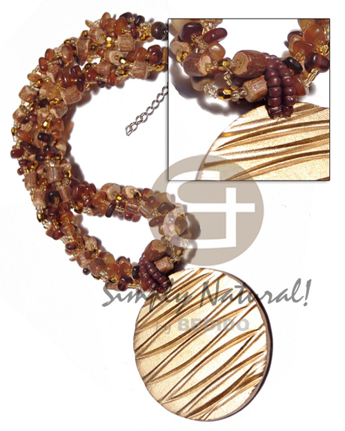 4 layers twisted glass and metallic beads  amber horn nuggets and wood beads combination and 65mm round wood in metallic gold pendant /18in - Shell Necklace